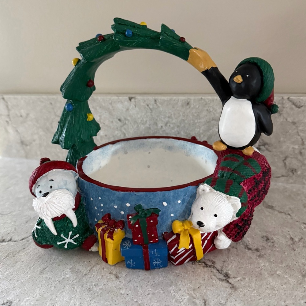 Vintage St. Nicholas Square Festive Candy Dish with Polar Bears and Penguin